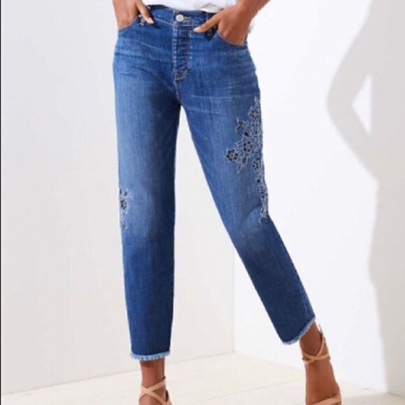 Loft Floral Embroidered Boyfriend Jeans Cropped Raw Hem Blue 4 27 - Picture 2 of 14